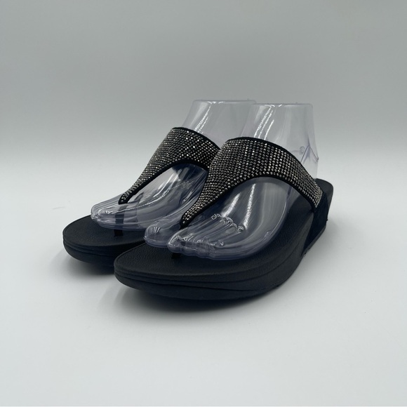 FitFlop Women’s Sz 7 Lulu Shimmer Black Rhinestone Sandals Comfortcore Glam Chic - Picture 1 of 13
